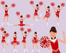 Set Of A Cheerful Cheerleader Character.