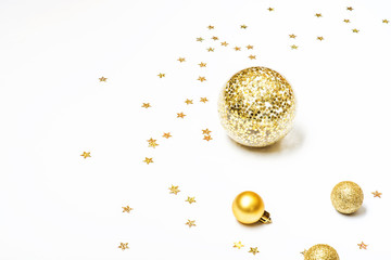 Gold Christmas balls on white background