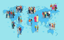 Vector Illustration Of Social And Demographic World Map On Blue Background. Multi Ethic People In Groups.