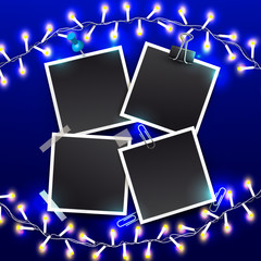 Wall Mural - set of square vector photo frames on sticky tape, pins and light garlands. template photo design. ve