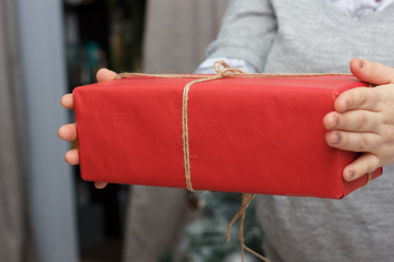 Canvas Print - Woman hands holding the red christmas box