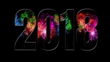 Composition For The New 2018 Year. Beautiful Green Red Purple Fireworks Through The Inscription 2018. Bright Fireworks, Amazing Light Show. V7