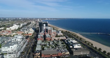 Wall Mural - Port Melbourne from Port Phillip Bay sandy beach to Melbourne city CBD aerial rotation.
