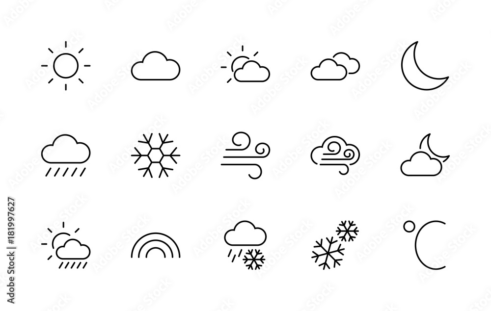 Set of weather vector line icons. Contains symbols of the sun, clouds, snowflakes, wind, rainbow, moon and much more. Editable move. 32x32 pixels. - obrazy, fototapety, plakaty 