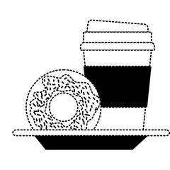 Poster - disposable coffee cup and donut chocolate glazed on dish in black dotted silhouette on white background