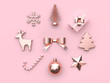 christmas holiday concept bow ball candy reindeer snow tree gift box star  pink background 3d rendering