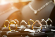 Jewelry Diamond Rings And Necklaces Show In Luxury Retail Store Window Display