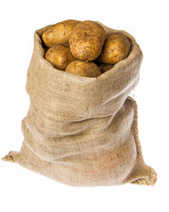 Wall Mural - a fresh raw potatoes in a sack on a white background