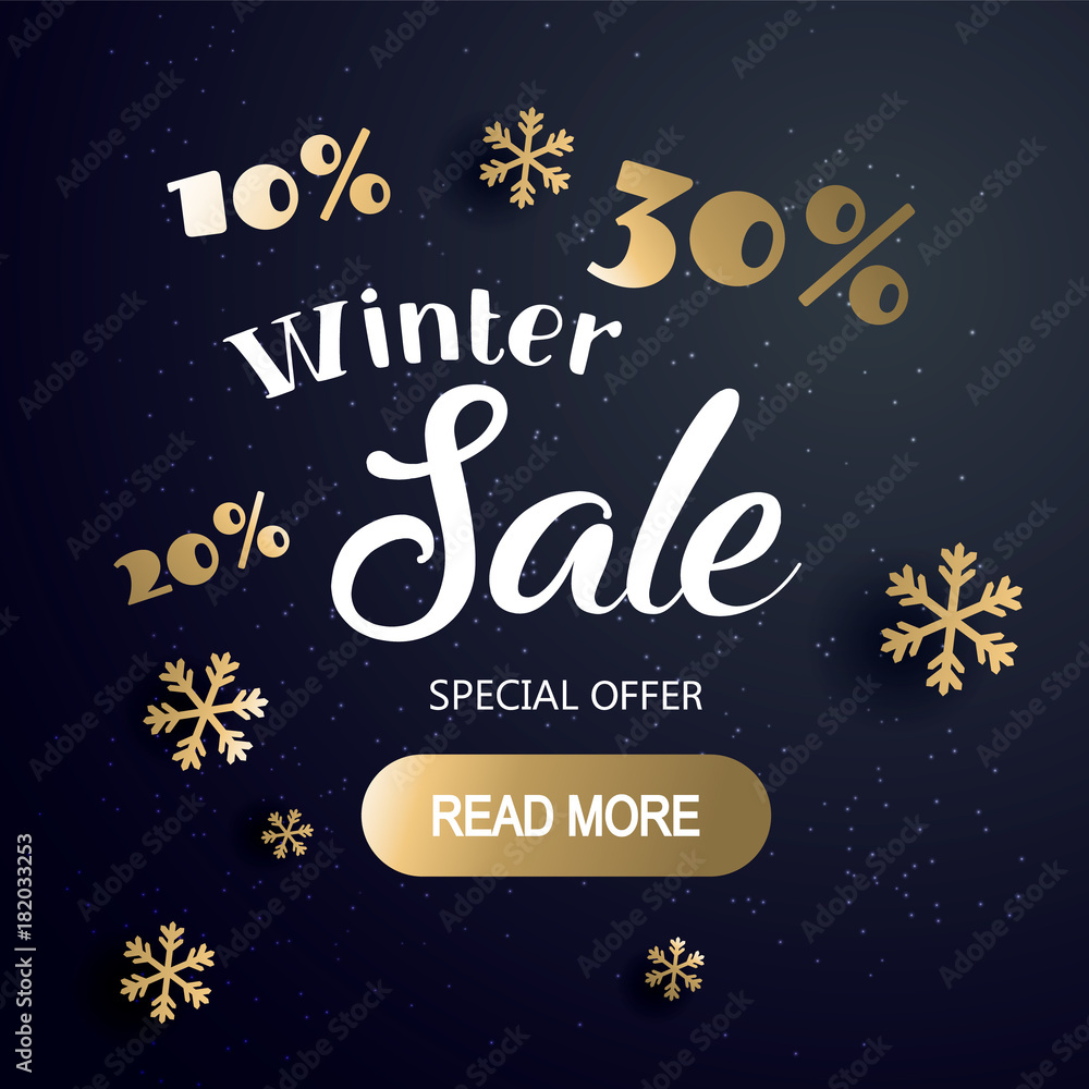 Christmas sale banner with text and snowflake, vector illustration. Can be used as Christmas greeting card, poster or banner. Vector golden glittering stars, snowflakes and lettering