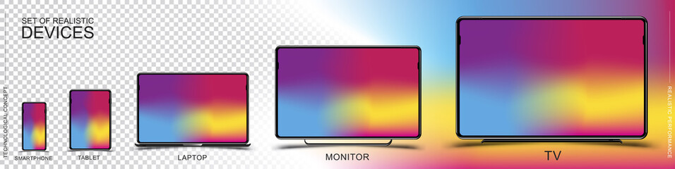 Set of realistic devices. Smartphone, tablet, laptop, monitor and TV on a transparent and colored background. Flat vector illustration EPS 10