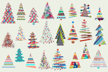 Big Christmas collection of vector Xmas trees in funky colors