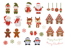 A Set Of Christmas Characters And Decorations. Christmas Elves, Santa Claus, Snowman, Deer, Penguins, Gingerbread Houses And Gingerbread Men, Christmas Toys, Snowflakes.