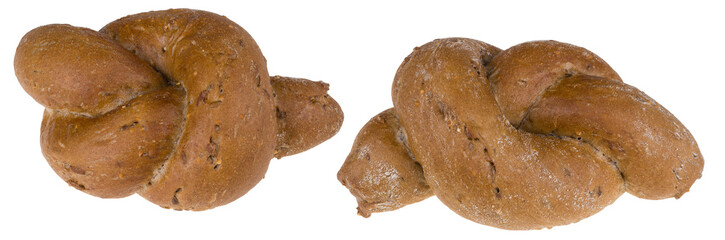 Two fresh baked bread rolls in knot shape. Healthy whole grain bakery products made from rye flour. Isolated on white background.