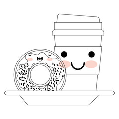 Poster - kawaii disposable coffee cup and donut cream glazed in monochrome silhouette on white background