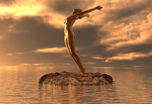 Statue Golden Girl Doing Yoga At Sea 3d Illustration