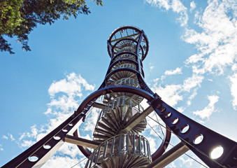 Metal structure of tall wildlife observation tower in Mindunai, Lithuania. Low angle outdoor picture 