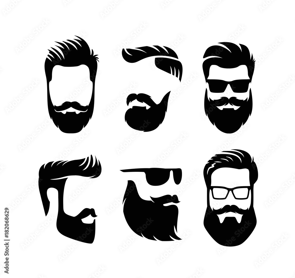 Set bearded men faces hipsters with haircuts. - obrazy, fototapety, plakaty 