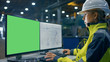 © Gorodenkoff - Inside the Heavy Industry Factory Female Industrial Engineer Works on the Personal Computer with Green Mock-up Screen. Secondary Monitor Shows Blueprints.