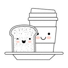 Poster - kawaii disposable coffee cup and bread slice in black dotted silhouette