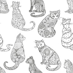 Cats. Seamless pattern. Zentangle. Hand drawn cat with abstract patterns on isolation background. Design for spiritual relaxation for adults. Art creative. Outline for tattoo, printing on t-shirts