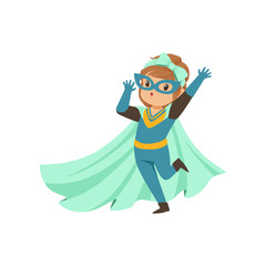 Canvas Print - Comic brave kid standing on one leg and waving her hand. Dressed in superhero costume. Vector cartoon flat super girl character.