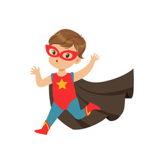 Sticker - Comic cute brave kid in superhero costume running with hands up. Child with extraordinary abilities. Vector cartoon character