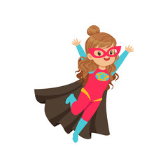 Sticker - Comic happy flying kid in colorful superhero costume with star. Vector cartoon flat super girl character in Halloween costume