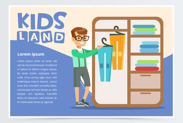 Poster - Card with boy hangs clothes in the closet. Kid doing a home cleanup, household chores. Teenager cleaning his room. Flat style cartoon vector illustration.