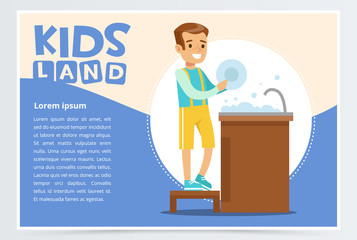 Sticker - Creative blue card with place for text and cute boy character washing the dishes in tap. Kid doing a home cleanup. Colorful flat style vector illustration.