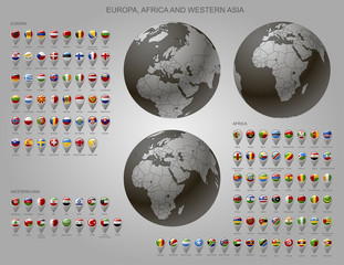 Map markers with flags Europe, Africa and Western Asia and globe set