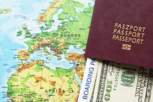 Passport On World Map Background. Money, Board Pass And Sunglasses. Travel Concept.