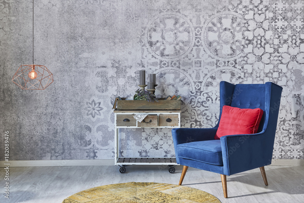 Grey wall decoration retro wallpaper with home objects living room style - obrazy, fototapety, plakaty 