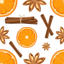 Cinnamon Stick, Star Anise And Slices Of Oranges. Isolated Illustration On White Background. Seamless Illustration.