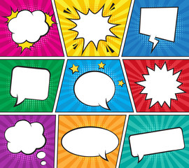 Wall Mural - retro comic empty speech bubbles set on colorful background. vector illustration, vintage design, po