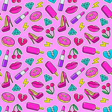 Cute Seamless Pattern With Colorful Patches. Stickers Of Ice Cream, Cherry, Lipstick, Heart, High Heel Shoes, Donuts, Diamonds Etc On Pink Background. Fashion Patches And Stickers. Vector Illustration
