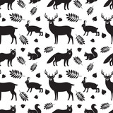 Fototapeta Dinusie - Seamless pattern of black forest animals and plants: fox, deer, hare, squirrel and autumn leaves on white background. Vector background. Illustration of wild animals