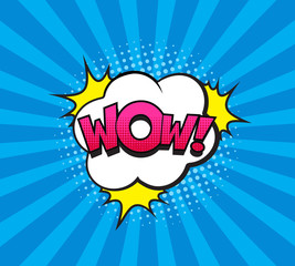 Wall Mural - retro comic speech bubble with colorful halftone shadow on blue stripes pattern. expression text wow