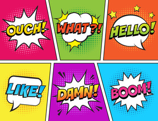 Wall Mural - retro comic speech bubbles set on colorful background. expression text ouch, what, hello, like, damn