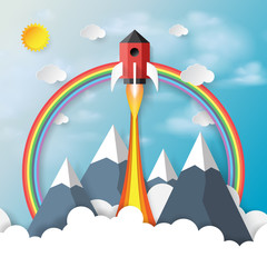 Aufkleber - Rocket ship icon paper art style concept design with mountains,rainbow,clouds and blue sky.Vector illustration.