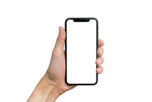 Man's Hand Shows Mobile Smartphone With White Screen In Vertical Position Isolated On White Background
