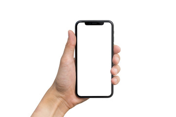 man's hand shows mobile smartphone with white screen in vertical position isolated on white backgrou