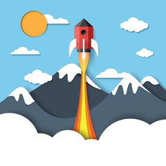 Aufkleber - Rocket ship icon,mountains,sun and sky paper art style.Business start up concept design.Vector illustration.
