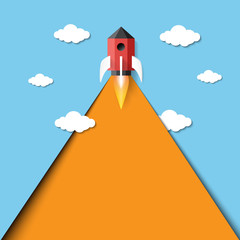 Aufkleber - Rocket ship icon and blue sky paper art style.Business start up concept design.Vector illustration.