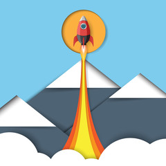 Aufkleber - Rocket ship icon,mountains and sun paper art style.Business start up concept design.Vector illustration.