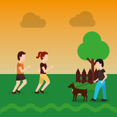 couple walking and man with dog in the park with tree fence landscape vector illustration