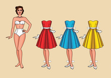 A Beautiful Girl In Underwear Standing In Front .Vector Illustration Of A Young Pretty Woman With Elegant Party Dresses. Retro Style Woman Paper Doll With Clothes