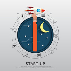 Wall Mural - start up business concept.rocket ship in flat line and paper art style design.vector illustration.