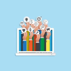 Aufkleber - Hand of businessman holding business icons from laptop.Paper art style of business strategy process concept design.Vector illustration.