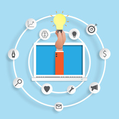 Aufkleber - Hand of businessman holding light bulb from laptop.Paper art style of business strategy process concept design.Vector illustration.
