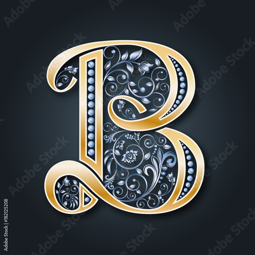 Vector letter B. Golden alphabet on a dark background. Heraldic symbol